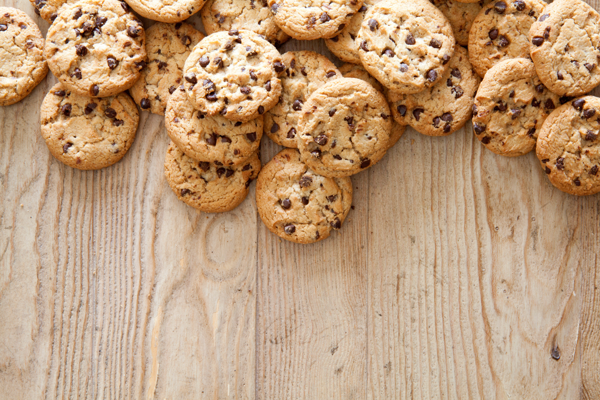 Chocolate chip cookies on a wooden table