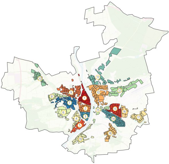 Division of the Kitzingen urban area into individual neighbourhoods.