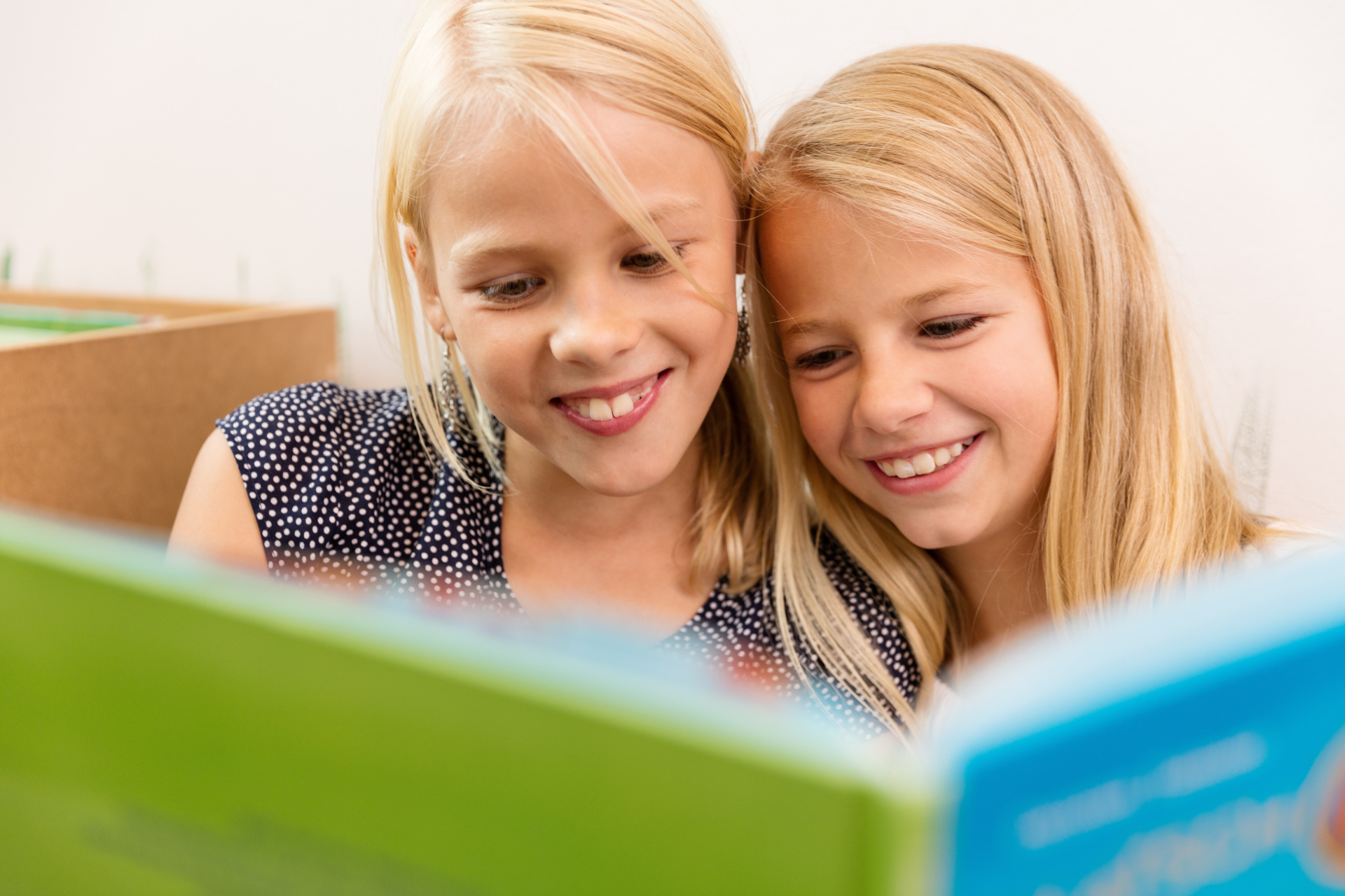 Kinder lesen in einem Buch Zwei blonde Mädchen lesen in einem grün-blauen Buch.