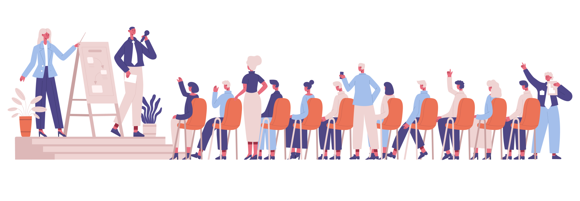 Illustrated people sit in a row in a meeting and look to the front. Some people come forward to speak.