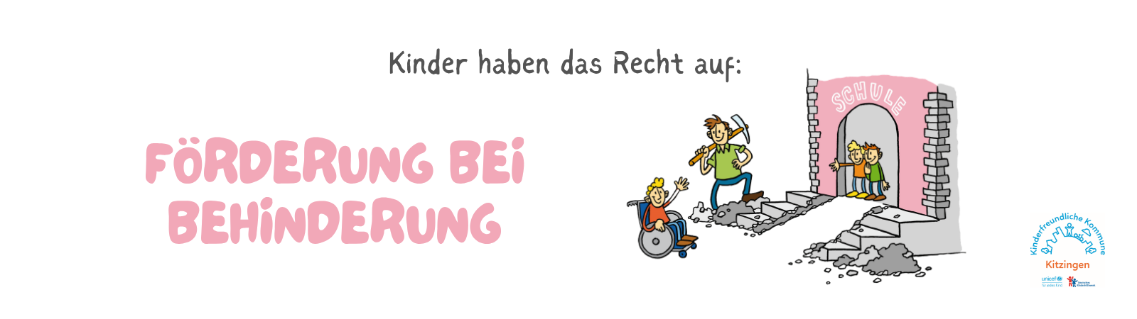 Kinder haben ein Recht auf Förderung bei Behinderung. Ein Vater ebnet die Stufen zur Schule mit der Spitzhacke zu einer Rampe für ein Kind im Rollstuhl.
