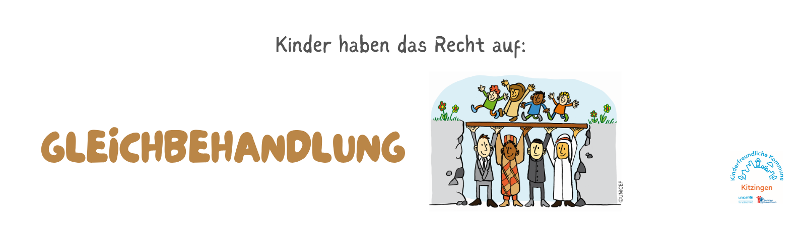Kinder haben ein Recht auf Gleichbehandlung. Illustration von vier verschiedenen Personen, die ein Brett in einer Mulde zwischen zwei Felsen halten, damit alle Kinder darüber laufen können.