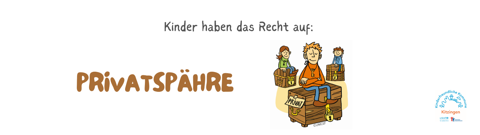 Kinder haben ein Recht auf Privatsphäre. Illustration von drei Kindern, die jeweils auf einer verschlossenen Schatztruhe sitzen.