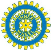 Blau gelbes Zahnrad mit gelber Schrift "Inner Wheel" auf blauem Hintergrund.