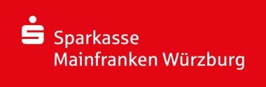 Weiße Schrift "Sparkasse Mainfranken" auf rotem Grund.