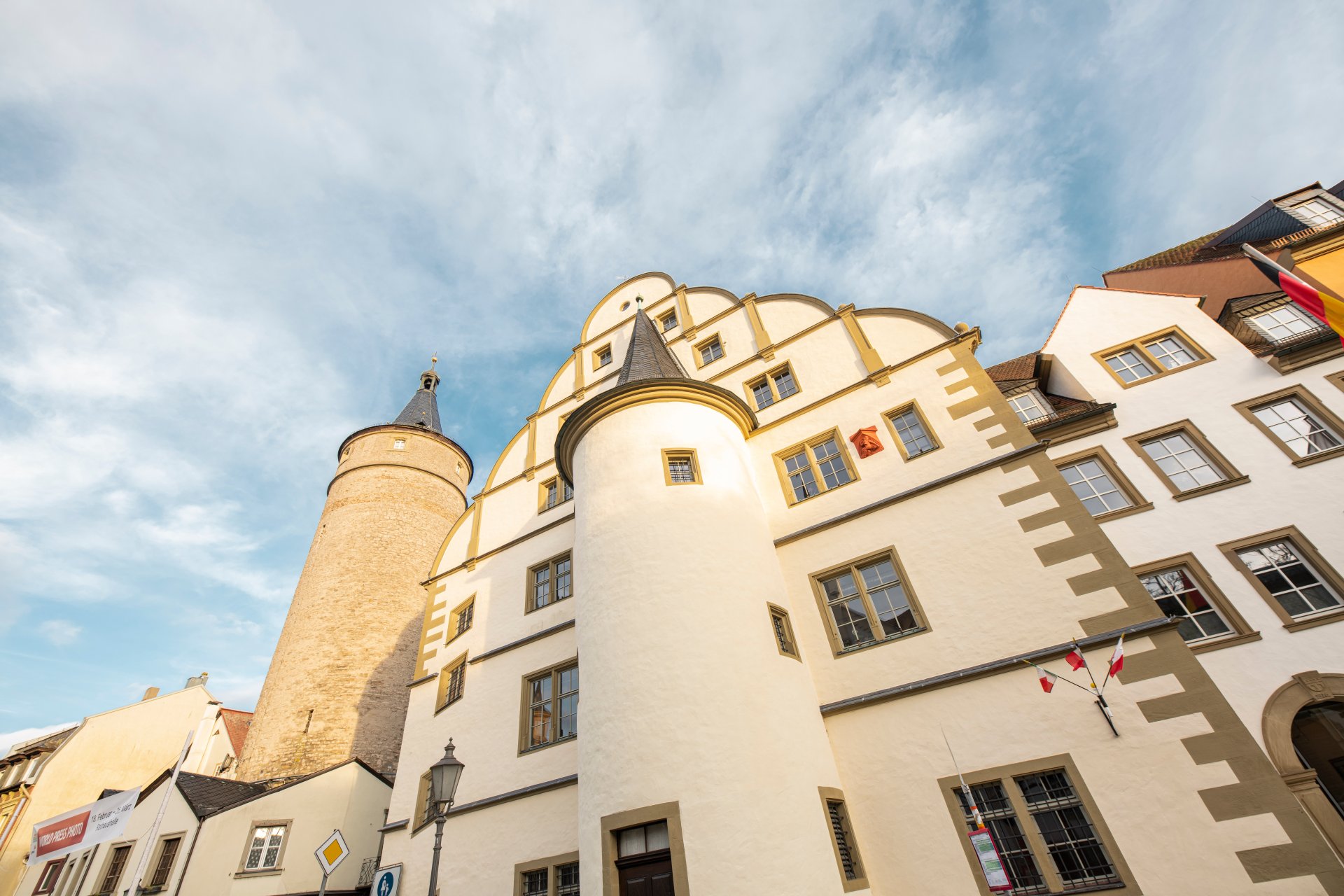 Close-up of the historic town hall and market tower from Kaiserstrasse.