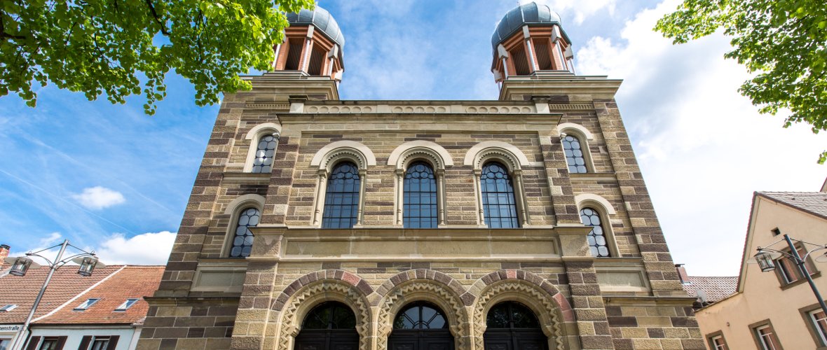 Front of the Old Synagogue photographed from below
