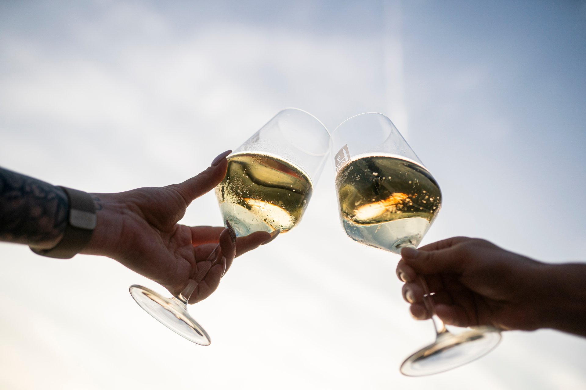 White wine in two glasses with a blue sky in the background