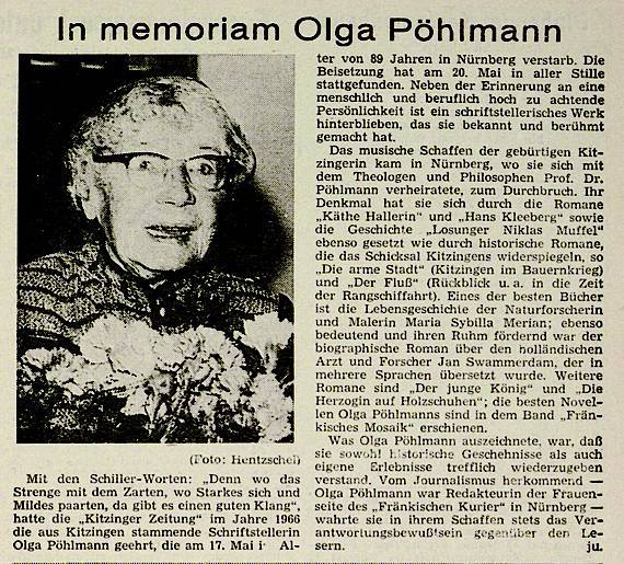 Zeitungsausschnitt "In memoriam Olga Pöhlmann". Erschienen in der Kitzinger Zeitung am 22. Mai 1969.