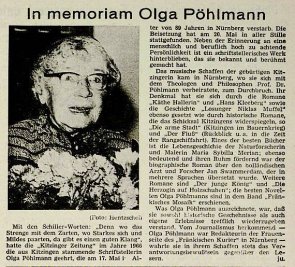 Zeitungsausschnitt "In memoriam Olga Pöhlmann". Erschienen in der Kitzinger Zeitung am 22. Mai 1969.