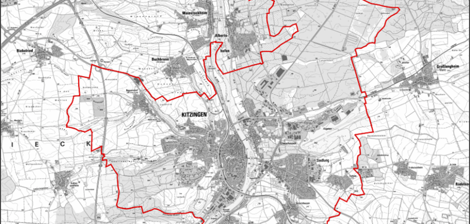 Rot eingezeichnete Linie markiert den Lageplan des räumlichen Geltungsbereiches des Flächennutzungsplans mit integriertem Landschaftsplan (ohne Maßstab)