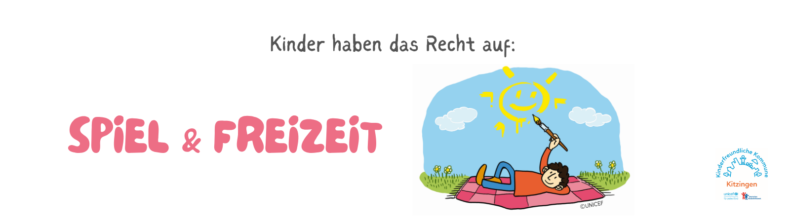 Kinder haben ein Recht auf Spiel und Freizeit. Illustration von einem Kind, das auf einer Decke im Freien liegt und mit einem Pinsel eine Sonne in den Himmel malt.