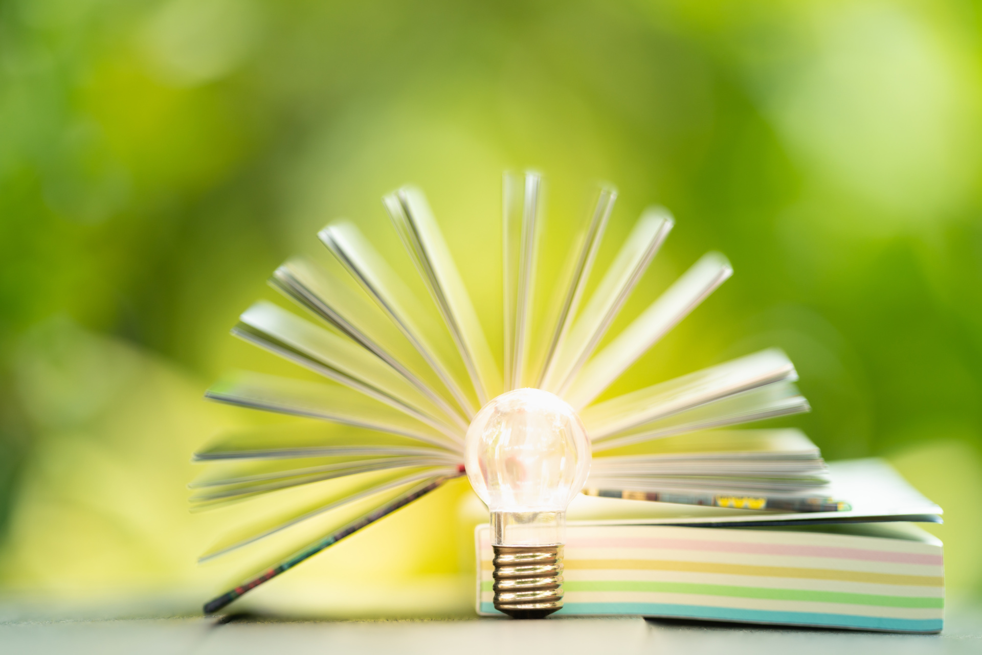 Bücher und Glühbirne Bücher und Glühbirne vor grünem Hintergrund.