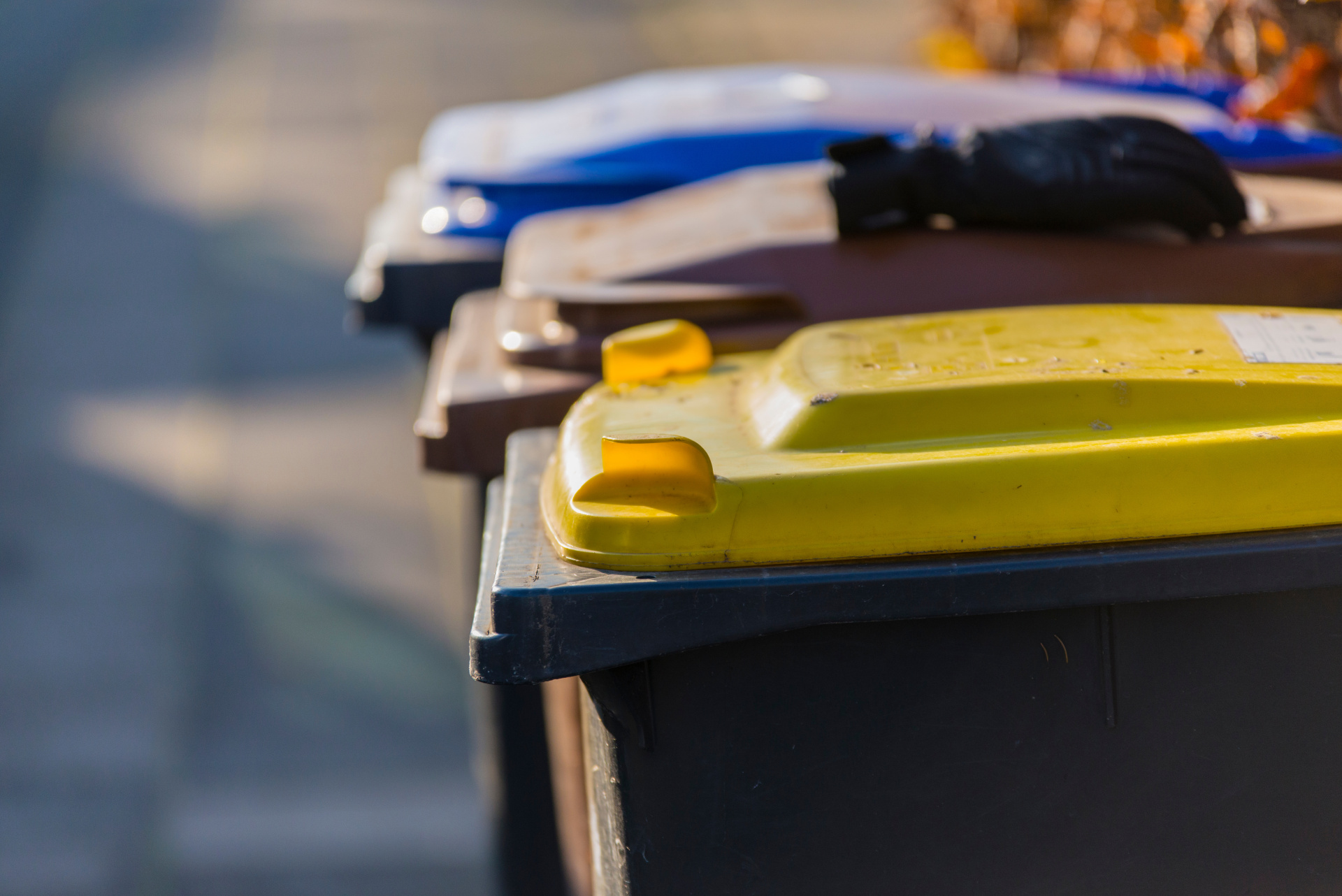Verschiedene Mülltonnen hintereinander.