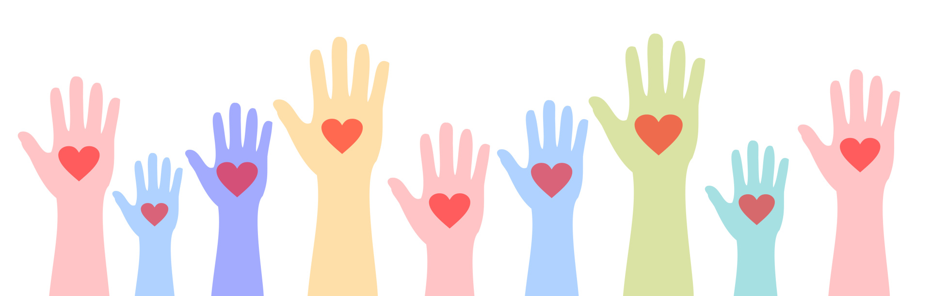 Eine Gruppe von Freiwilligen hebt die Hände und signalisiert damit, dass Freiwillige benötigt werden.