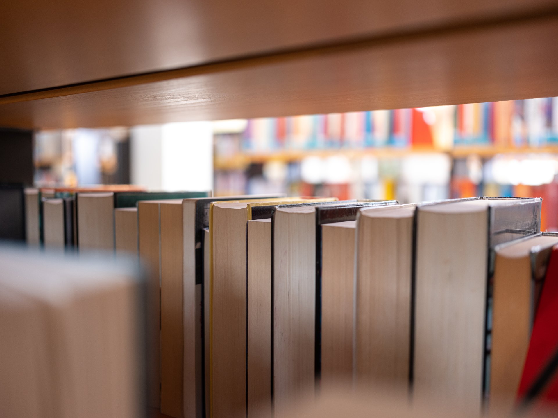 Ein Bücherregal mit unterschiedlich großen Büchern. Sichtbar sind nicht die Buchrücken, sondern die Seiten.