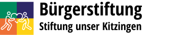 Logo der Bürgerstiftung "Stiftung unser Kitzingen". Zwei Menschen mit einem Herz in der Mitte auf vier Quadraten in Stadtfarben.