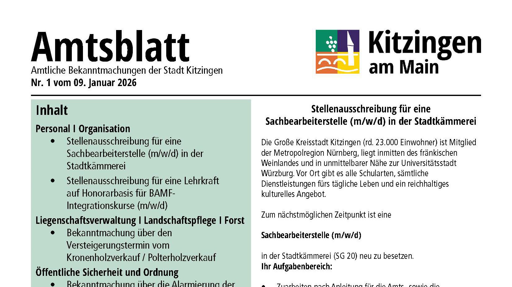Ausschnitt der Titelseite eines Digitalen Amtsblattes der Stadt Kitzingen.