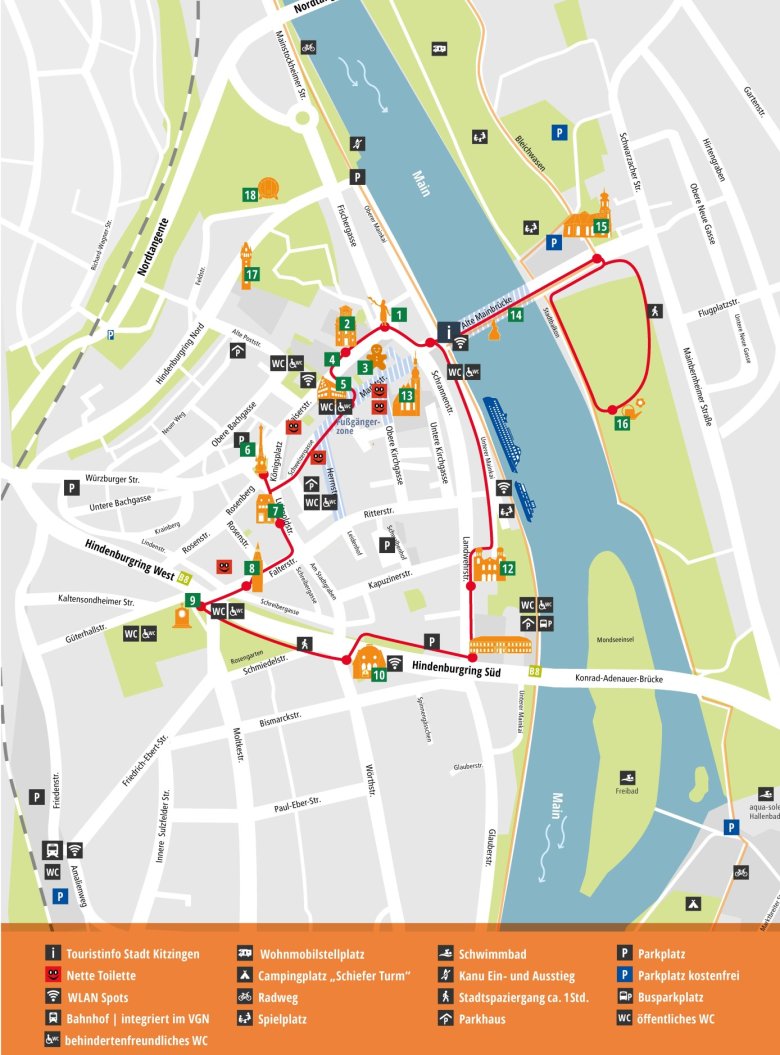 Kitzinger Stadtplan mit Rundgang eingezeichnet