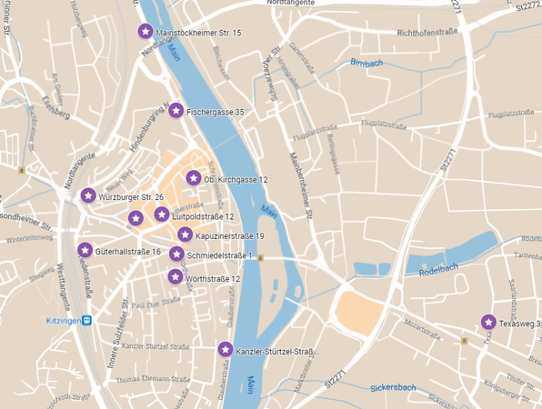 Karte mit Markierungen über die Standpunkte von den Erinnerungstafeln.