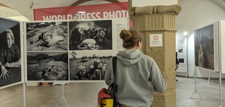 World Press Photo Ausstellung Rathaushalle Eine Frau steht vor einem Bild