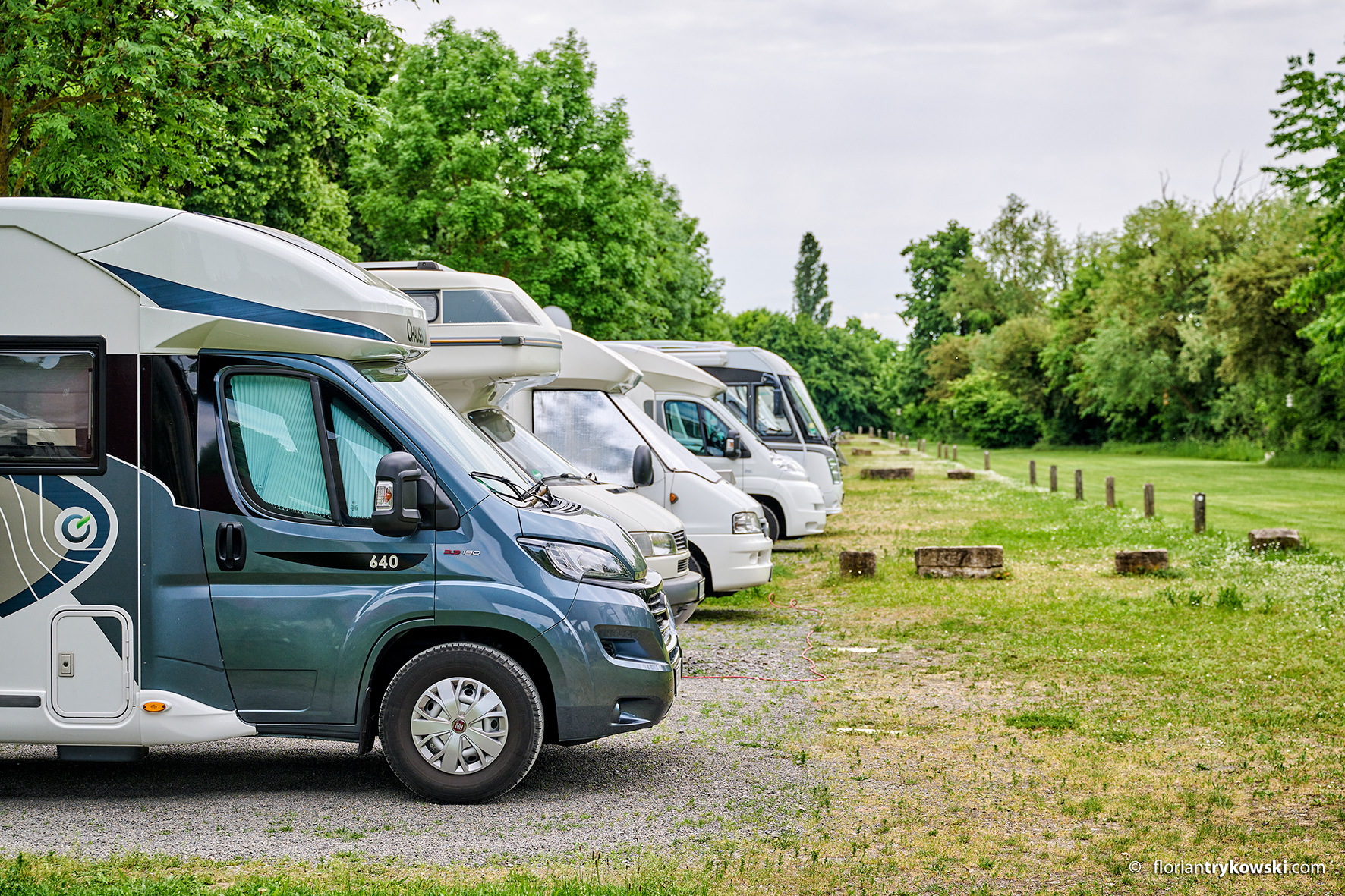 Blick auf nebeneinander geparkte Wohnmobile auf dem Wohnmobilstellplatz.